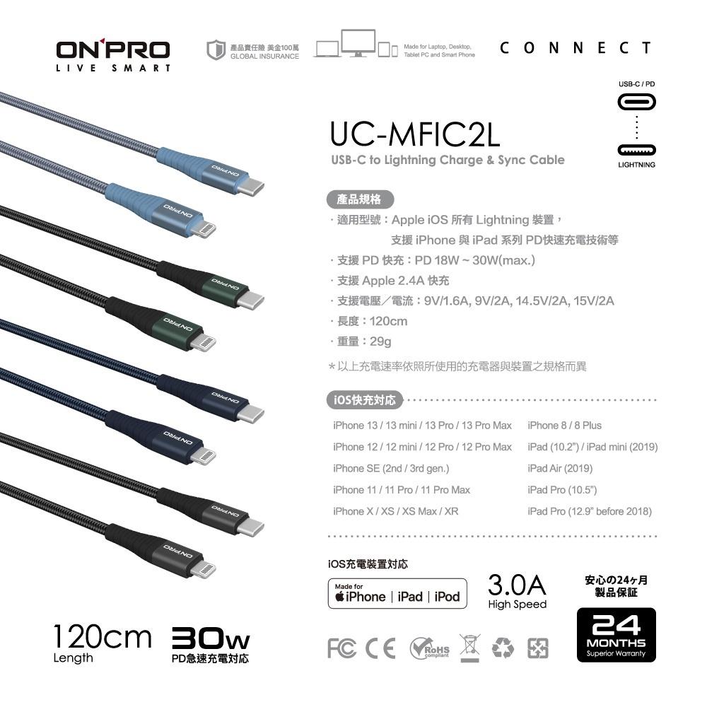 【ONPRO】UC-MFIC2L Type-C to Lightning快充30W傳輸線【1.2M】-細節圖9