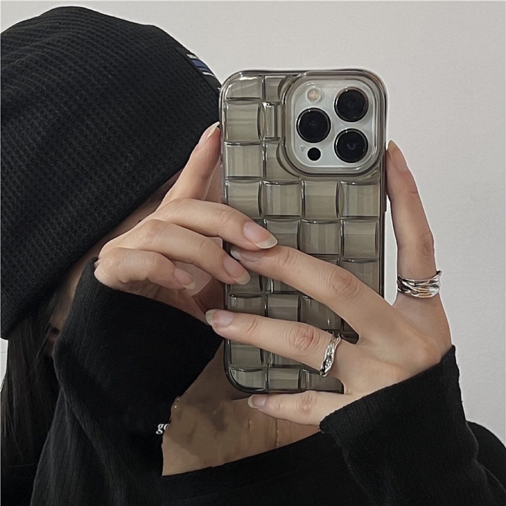 iphone 11 12 13 14 pro max 冷淡風立體透黑編織手機殼 羽絨 軟殼 冰塊手機殼 方格 小眾款-細節圖2