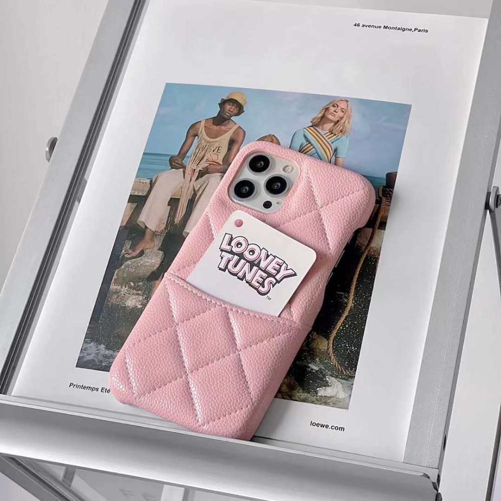 iphone 12 13 14 pro max 小香風粉色魚子醬系列手機殼 鍊條 插卡 單殼 卡包 菱格紋手機殼-細節圖3