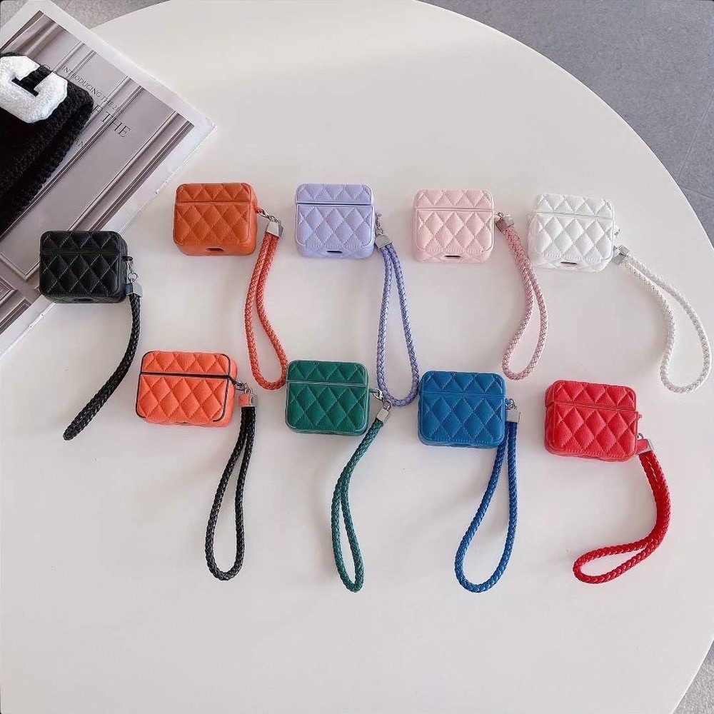 airpods 1 2 3 代 pro pro2 小香風菱格紋耳機保護套 皮革耳機包 仿羊皮耳機套 蘋果耳機保護 短掛繩-細節圖2