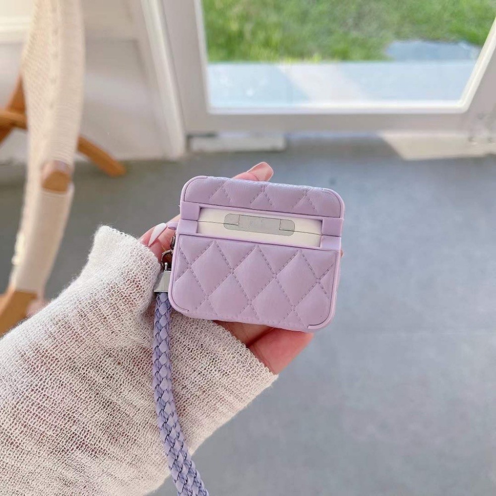 airpods 1 2 3 代 pro pro2 小香風菱格紋耳機保護套 皮革耳機包 仿羊皮耳機套 蘋果耳機保護 短掛繩-細節圖10