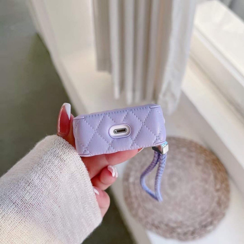 airpods 1 2 3 代 pro pro2 小香風菱格紋耳機保護套 皮革耳機包 仿羊皮耳機套 蘋果耳機保護 短掛繩-細節圖11