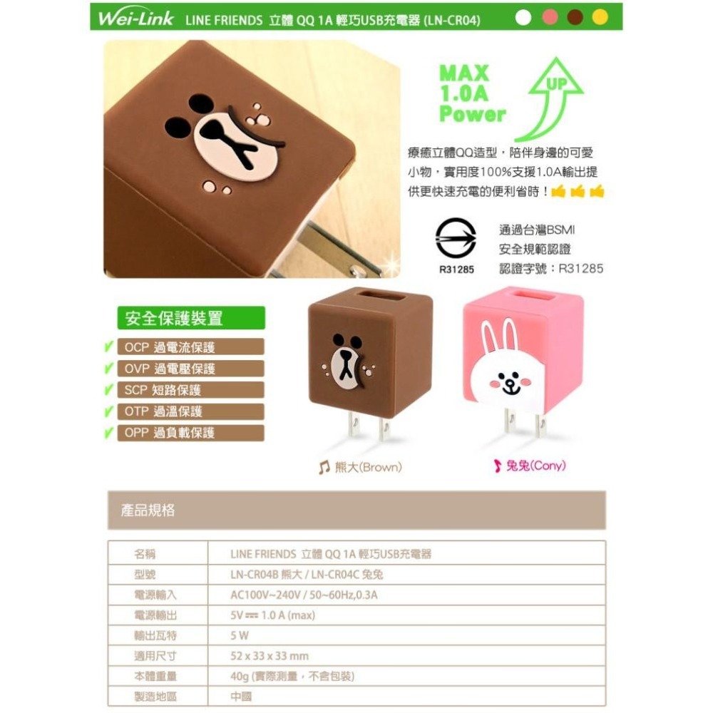 LINE FRIENDS 立體QQ 兔兔 1A 輕巧 USB充電器 AC 變壓器【LN-CR04C】台中星光電玩-細節圖8