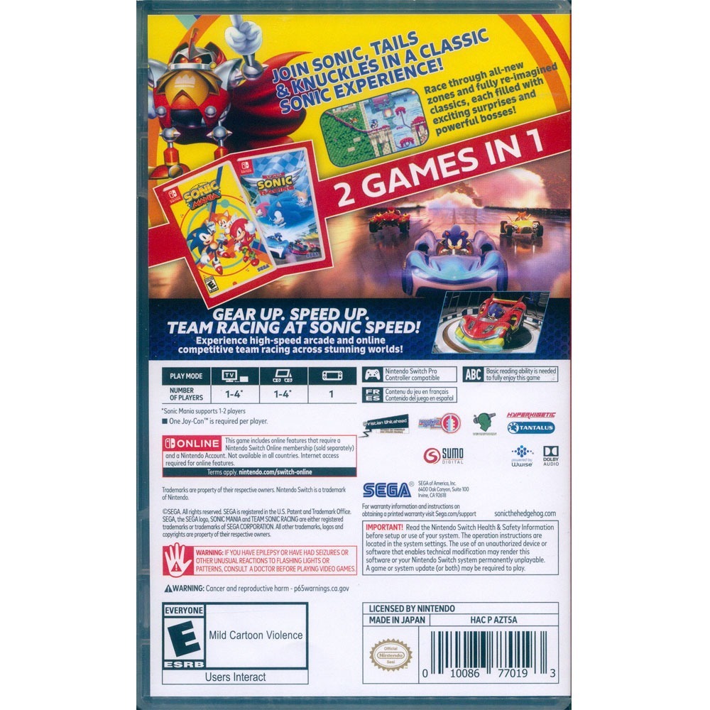 【一起玩】NS Switch 音速小子狂熱 中英日文美版 SONIC MANI + 音速小子搭檔組隊大賽車 英日文美版-細節圖2