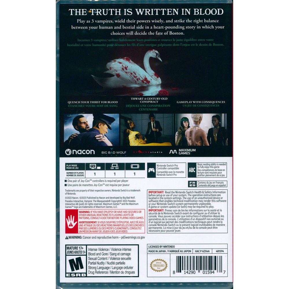 【一起玩】NS SWITCH 吸血鬼：惡夜獵殺 天鵝之歌 中英日文美版 Vampire: The Masquerade-細節圖3