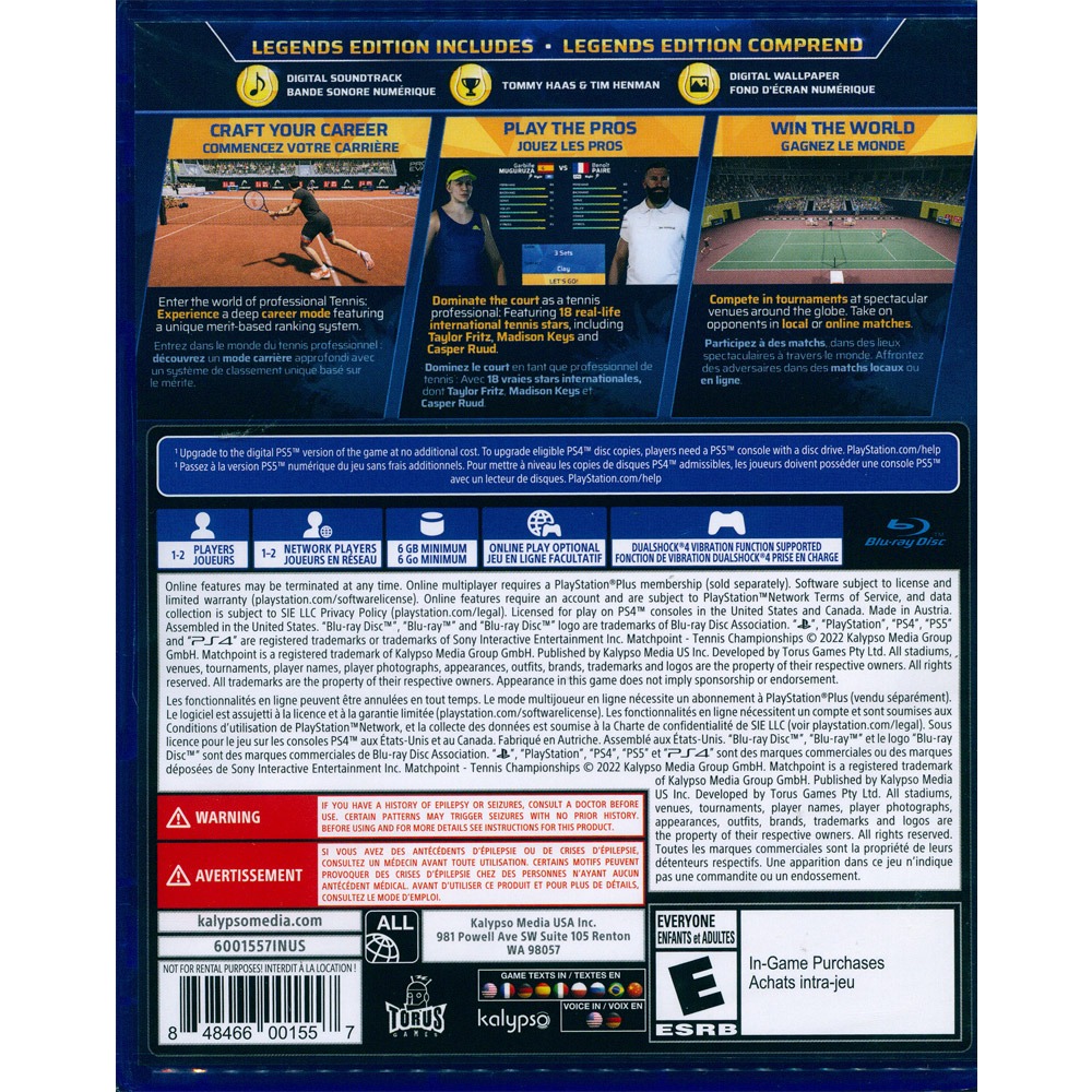 【新品瑕疵-外封膜破損】PS4 決勝點：網球冠軍賽 傳奇版 中英文美版 Matchpoint Tennis Champ-細節圖3