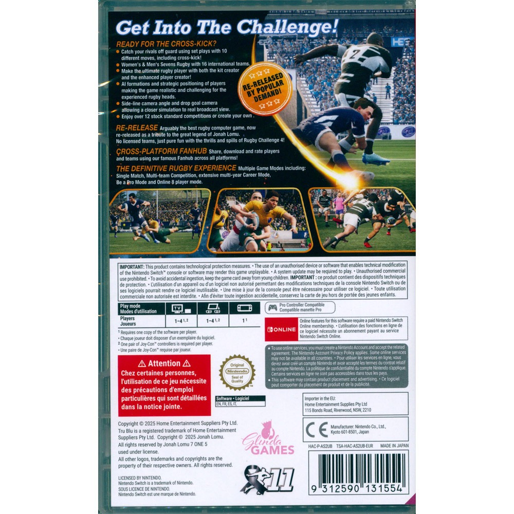 【一起玩】NS SWITCH 喬納羅姆 橄欖球挑戰賽4 英文歐版 Jonah Lomu Rugby Challenge-細節圖2