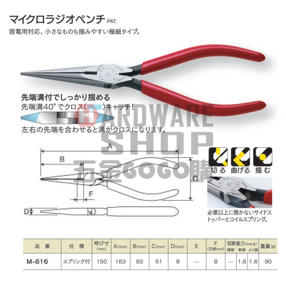 日本 KEIBA 馬牌 M-616 電子 尖嘴鉗 6＂ 150 m/m 尖細型 附彈簧 弱電用 M616-細節圖2