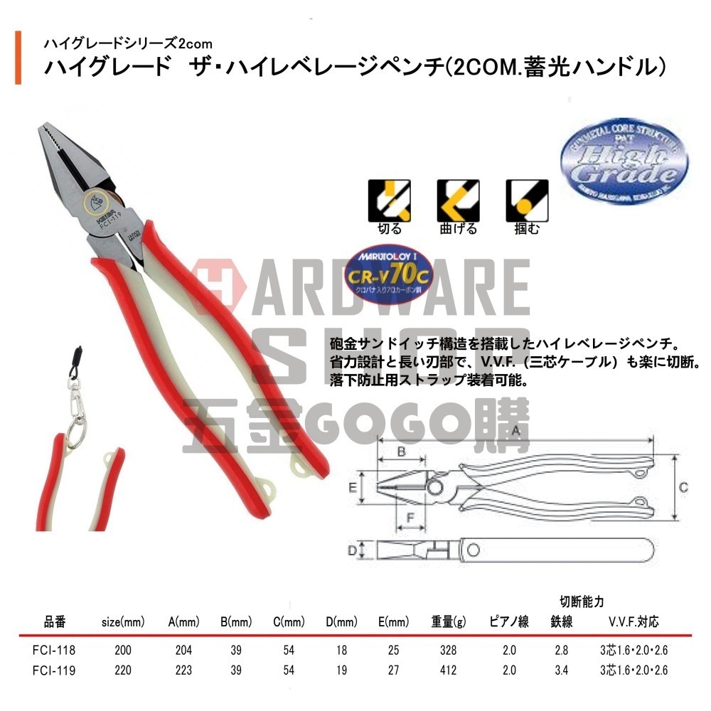 日本 KEIBA 馬牌 FCI-119 夜光握柄 砲金 省力 鋼絲鉗 9＂ 220 m/m 倍力 老虎鉗 FCI119-細節圖2