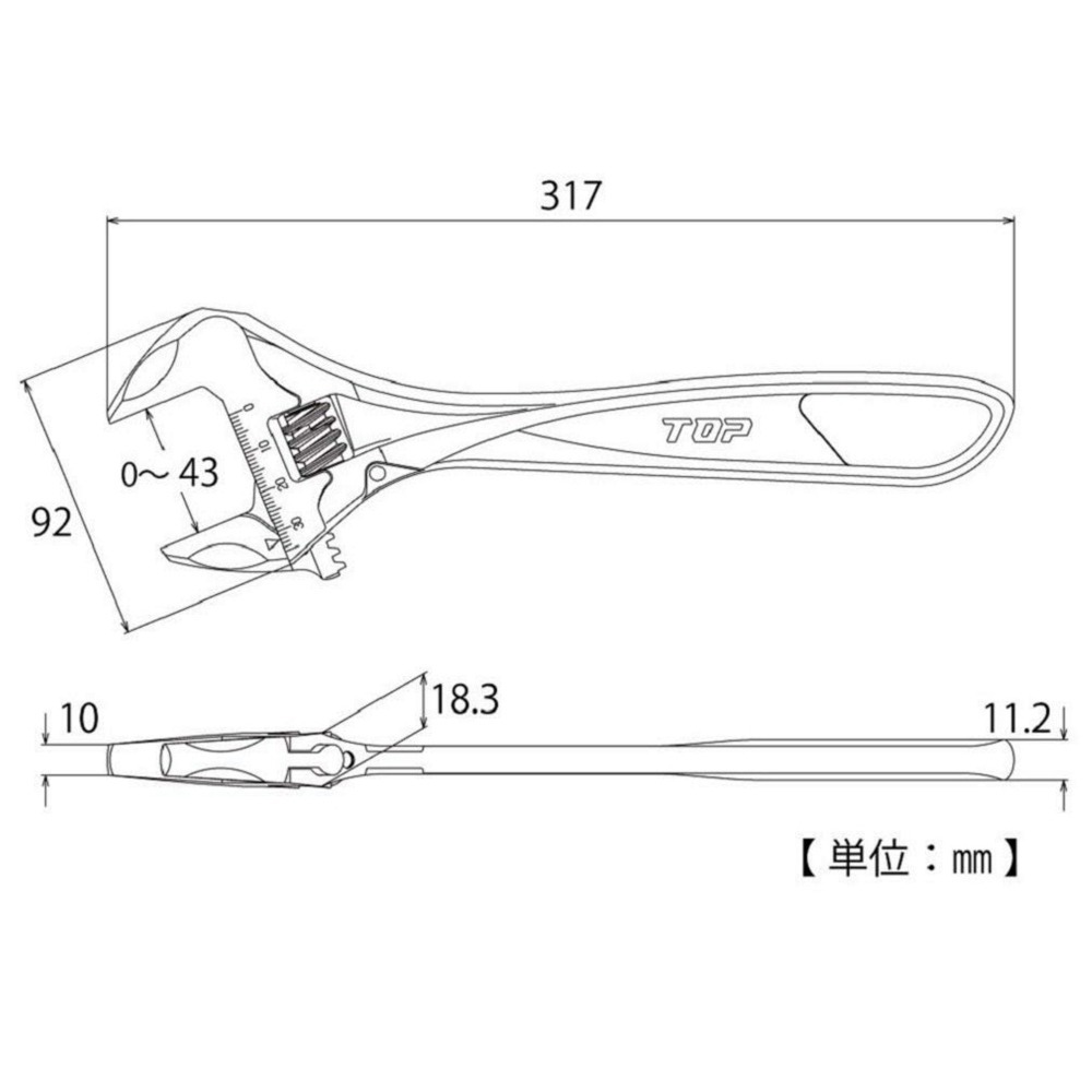 日本 TOP ZERO HM-43 輕量 大開口 活動板手 12＂ ハイパーモンキ 活動扳手 HM43-細節圖2