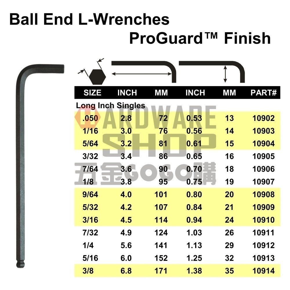 美國 BONDHUS 英制 10936 12支組 黑色 球型 六角板手 球頭 六角扳手-細節圖2