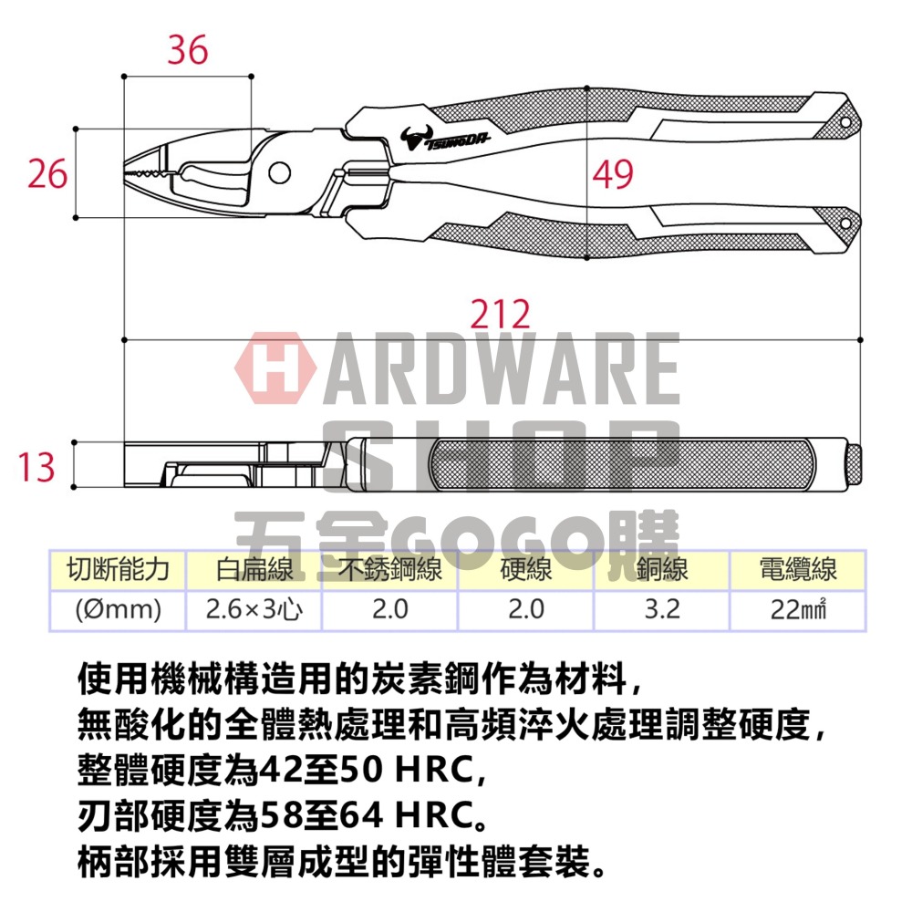 日本 TSUNODA TTC PW-DP200TG 電工 強力 偏心 鋼絲鉗 老虎鉗 8＂ PWDP200TG-細節圖2