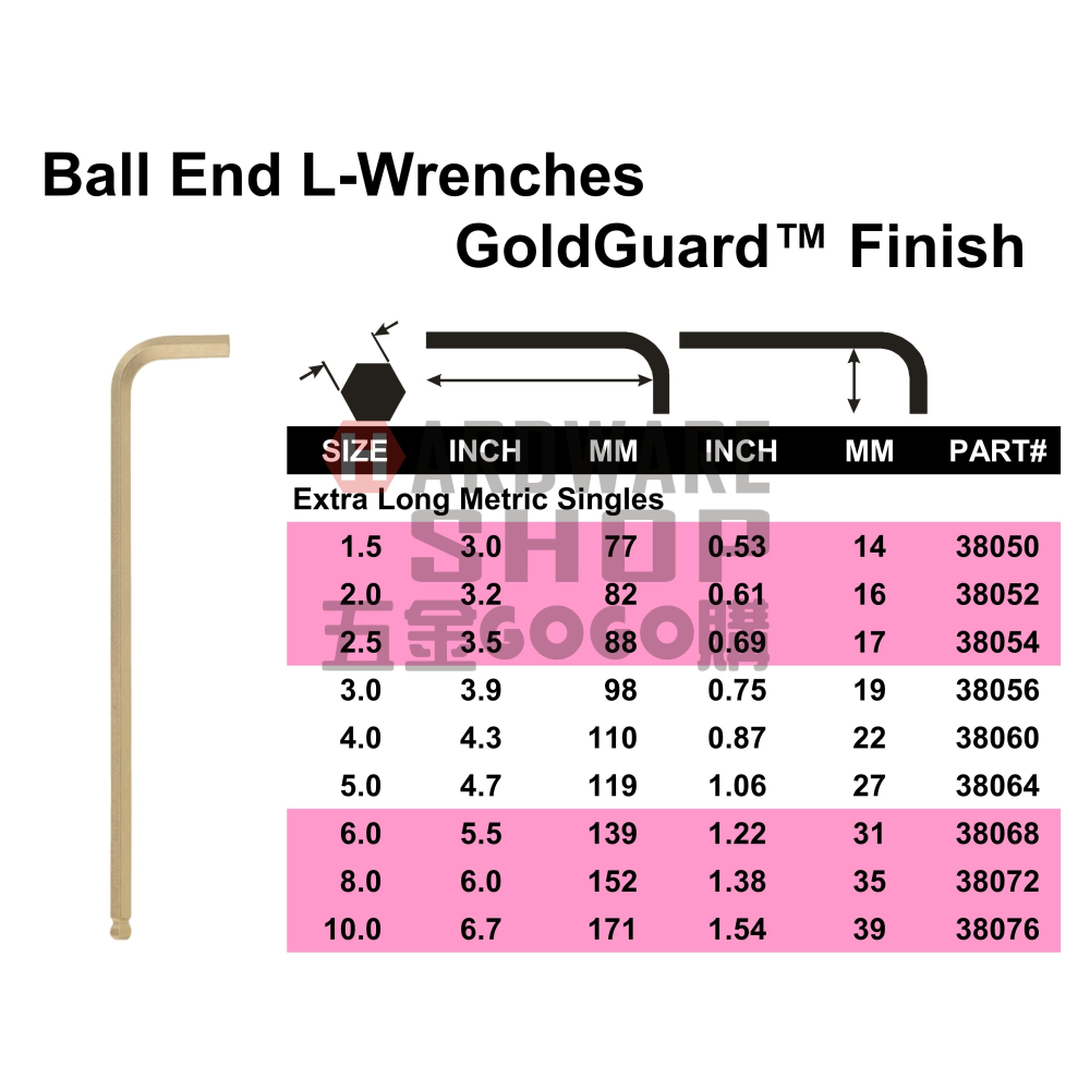 美國 BONDHUS 公制 38046 6支組 黃金 球型 六角板手 球頭 六角扳手-細節圖2