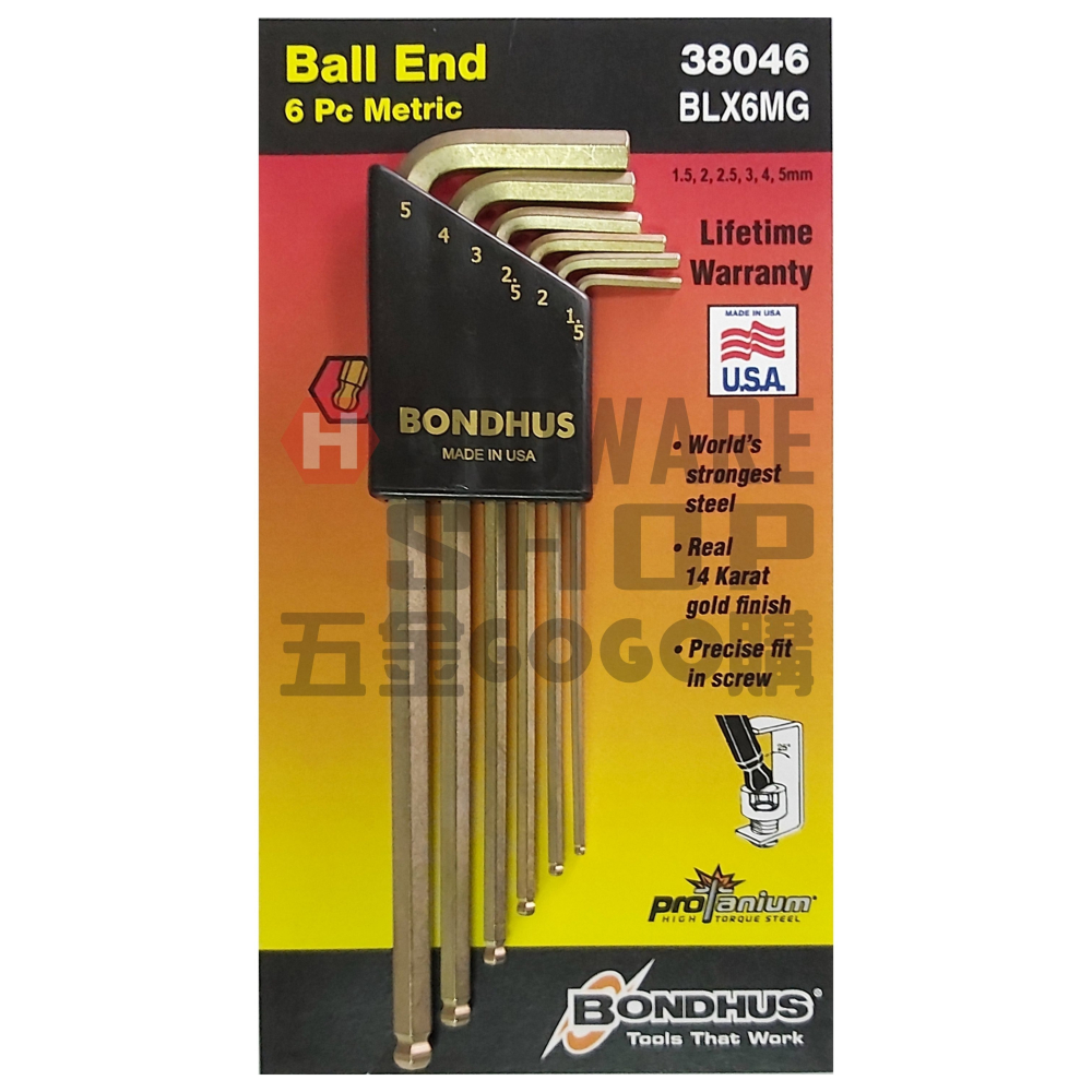 美國 BONDHUS 公制 38046 6支組 黃金 球型 六角板手 球頭 六角扳手-細節圖7