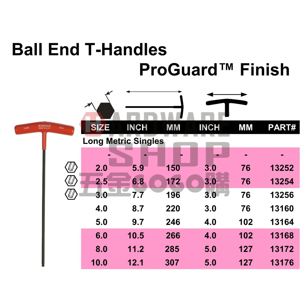 美國 BONDHUS 公制 13160 4.0 mm T型 超長 球型 六角板手 球頭 六角扳手 4mm-細節圖2