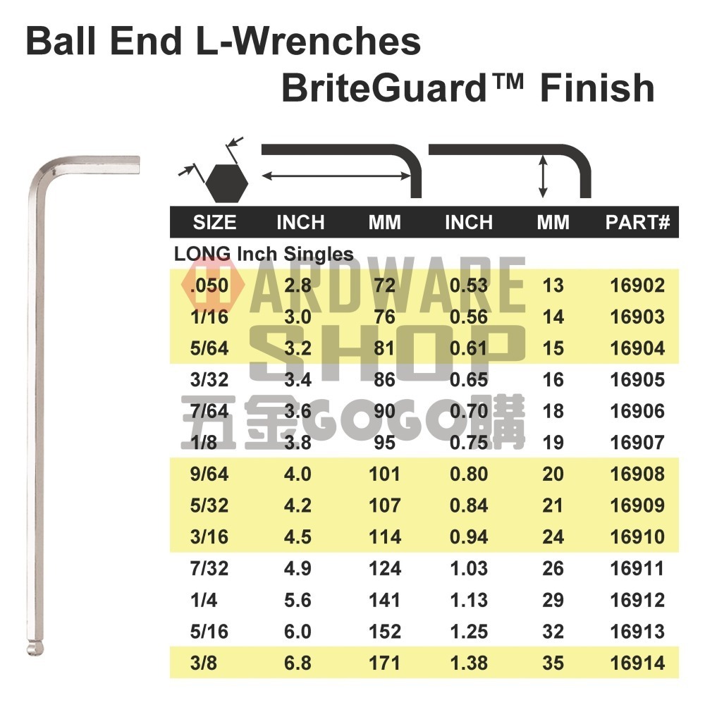 美國 BONDHUS 英制 16908 9/64 白金 球型 六角板手 球頭 六角扳手-細節圖2