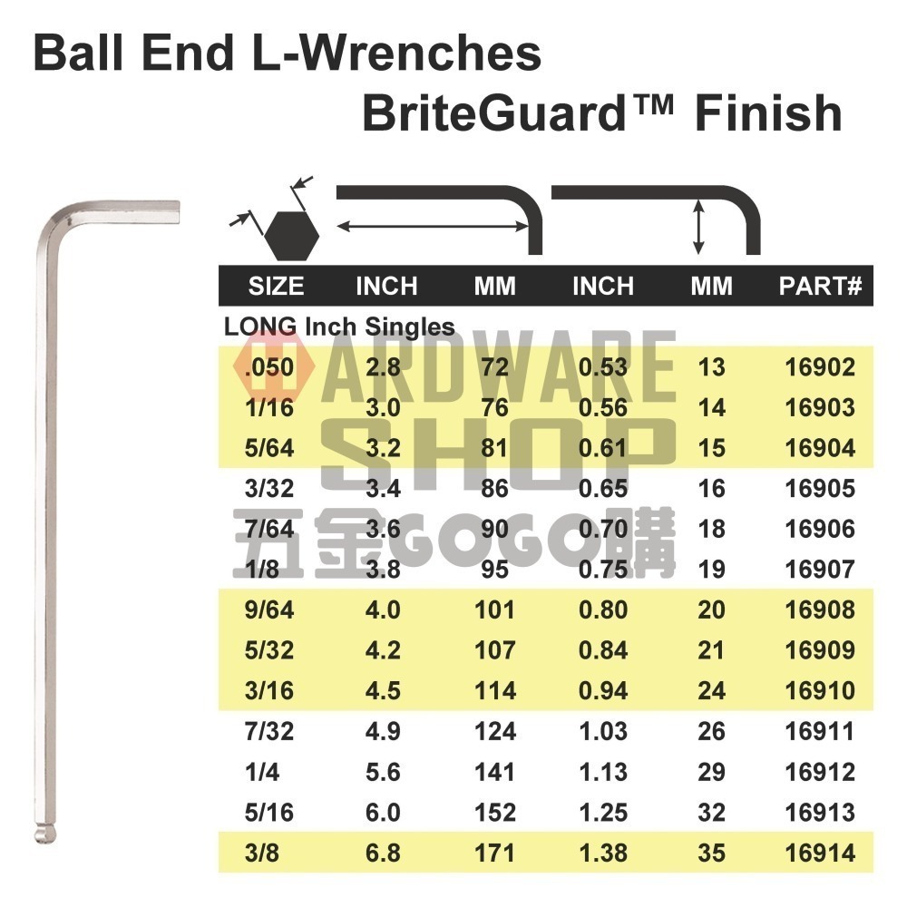 美國 BONDHUS 英制 3/16＂ 16910 白金 球型 六角板手 球頭 六角扳手-細節圖2