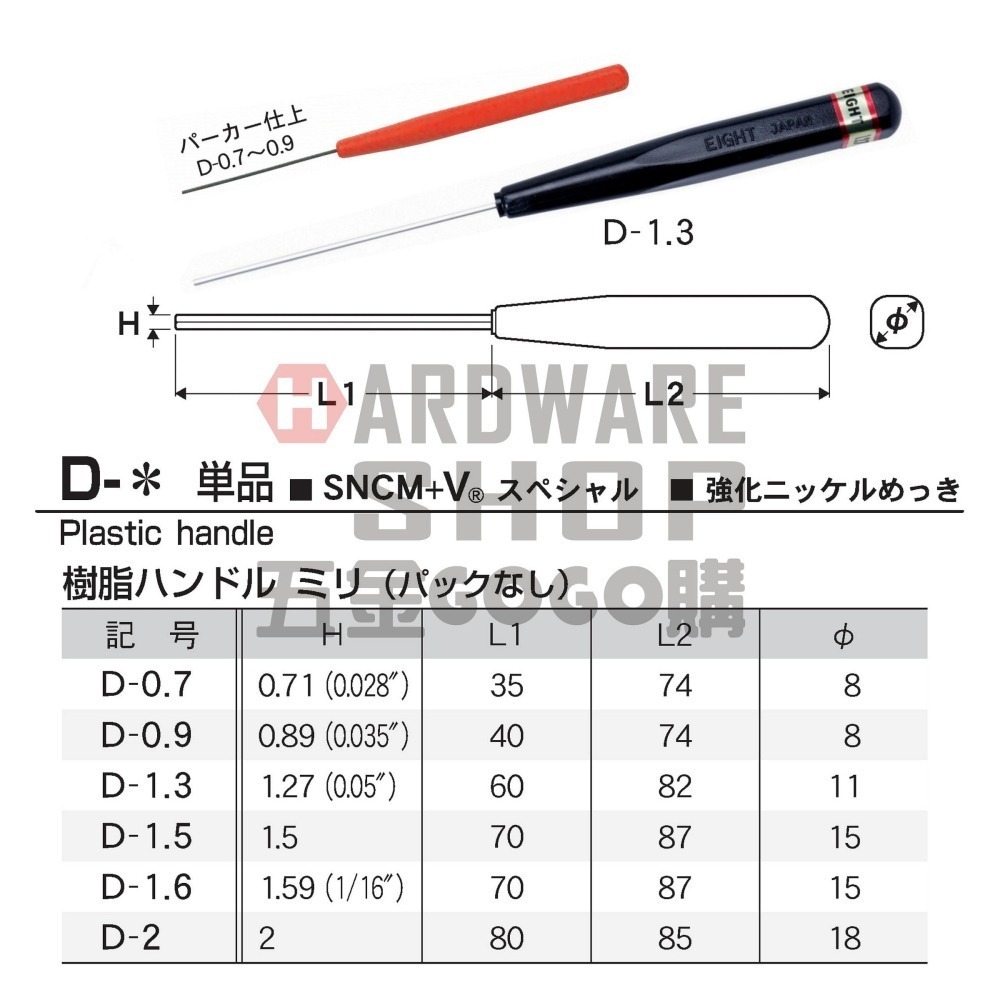 日本 EIGHT D-1.3 精密 白金 六角起子 公制 1.27 mm 六角板手 英制 0.05 六角扳手 D1.3-細節圖2