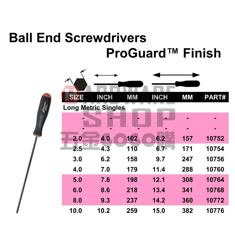 美國 BONDHUS 公制 10756 3.0 mm 超長 六角起子 球型 六角板手 球頭 六角扳手 3mm-細節圖2