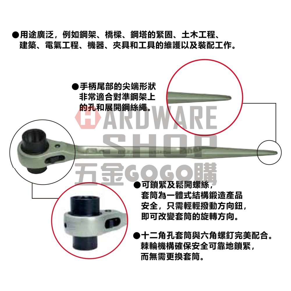 日本 MCC 松阪鉄工所 兩口 自動 梅花板手 RW-1719 建築用 尖尾 棘輪 梅花扳手 RW1719-細節圖4