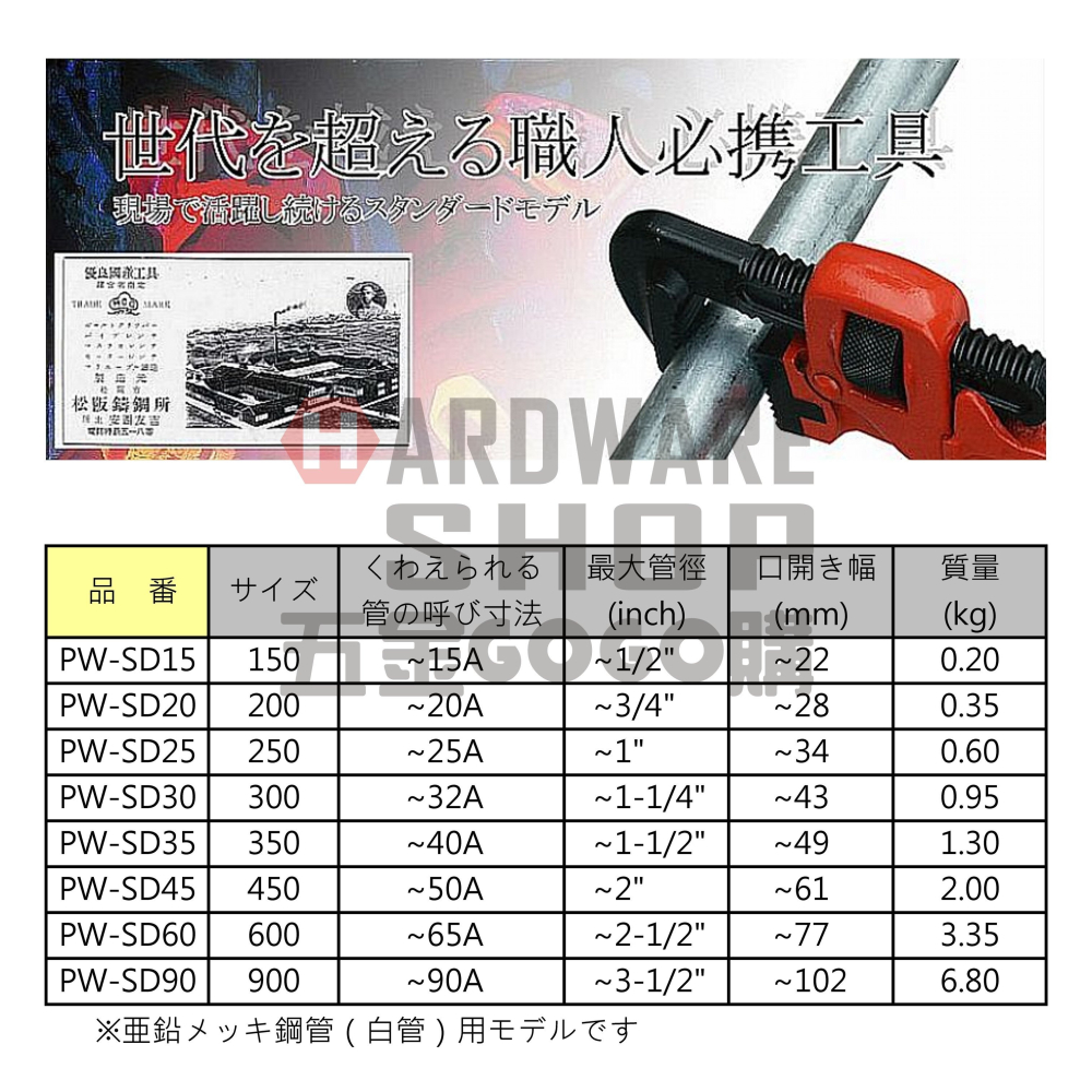 日本 MCC 松阪鉄工所 標準 管鉗 6＂ PW-SD15 管子鉗 150m/m 水管鉗 パイプレンチ PWSD15-細節圖3
