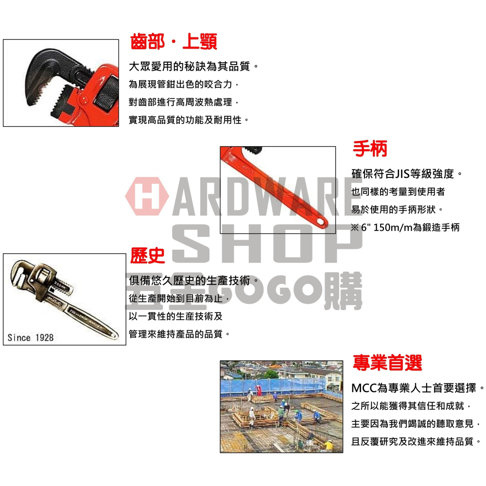 日本 MCC 松阪鉄工所 標準 管鉗 6＂ PW-SD15 管子鉗 150m/m 水管鉗 パイプレンチ PWSD15-細節圖4