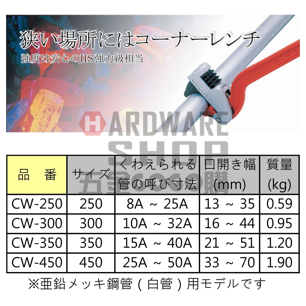 日本 MCC 松阪鉄工所 萬能 角度鉗 12＂ CW-300 角度 管鉗 300m/m コーナーレンチU CW300-細節圖2