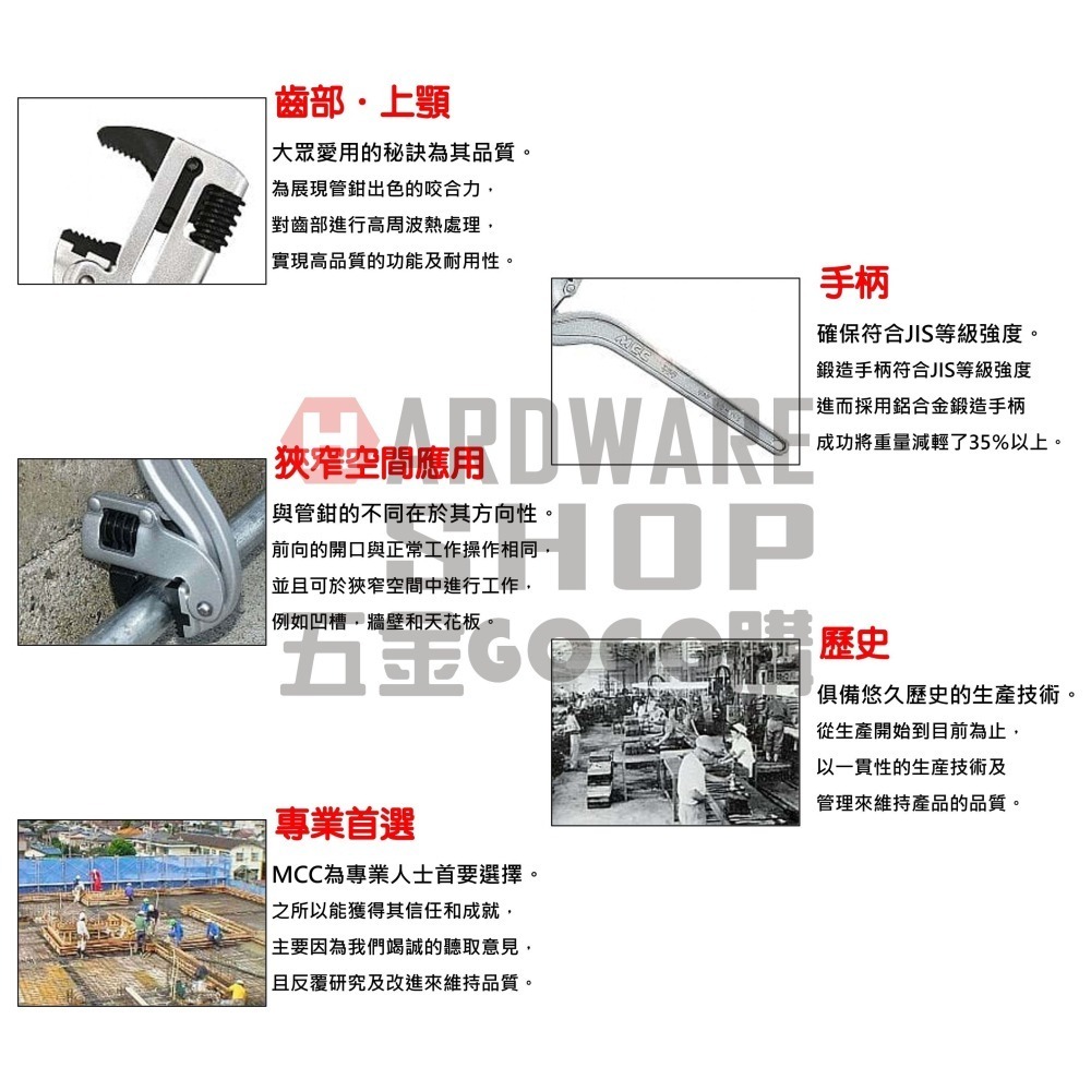 日本 MCC 松阪鉄工所 鋁柄 萬能 角度鉗 14＂ CW-ALAD35 角度 管鉗 350 m/m CWALAD35-細節圖5