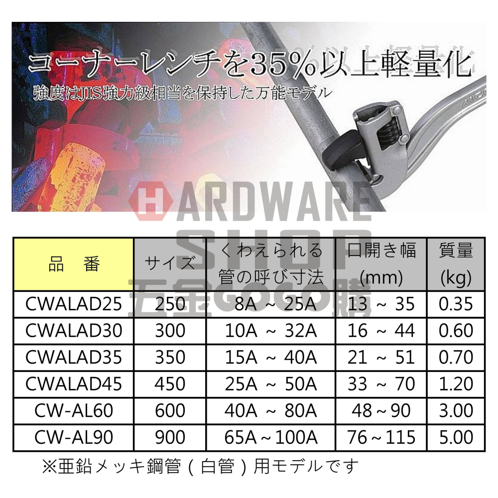日本 MCC 松阪鉄工所 鋁柄 萬能 角度鉗 10＂ CW-ALAD25 角度 管鉗 250 m/m CWALAD25-細節圖2