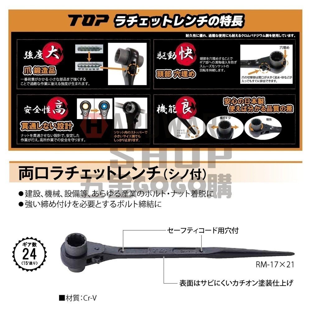 日本 TOP 兩口 自動 梅花板手 RM 14×17 建築用 尖尾 棘輪 梅花扳手 両口ラチェットレンチ RM-1417-細節圖4
