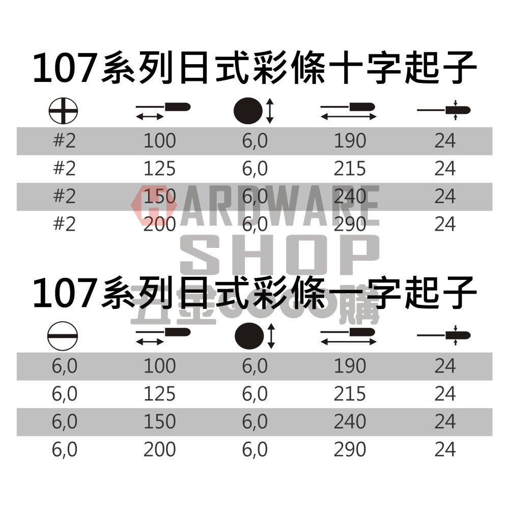 107 彩條 十字 #2 一字 6.0 螺絲 起子 1/4＂ x 4＂ 100 mm 十字起子 PH2 一字起子 6.0-細節圖2