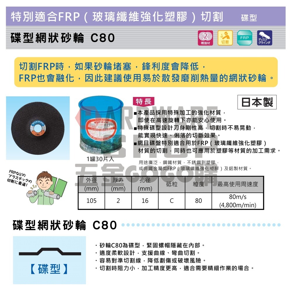 日本 NRS C80 碟型 網狀砂輪片 4＂  網目切斷砂輪 網目 切片 網狀砂輪 FRP 玻璃纖維專用切斷砂輪-細節圖2