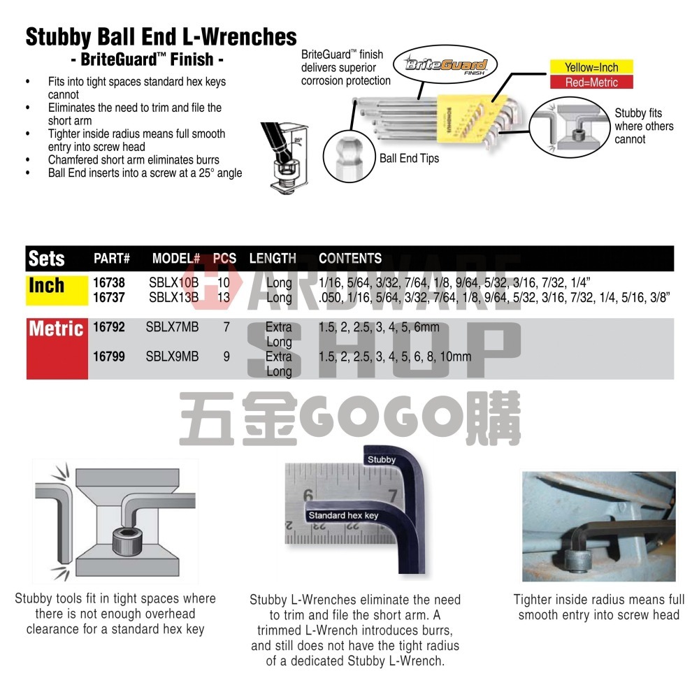 美國 BONDHUS 英制 16702 0.05＂ 白金 短頭 球型 六角板手 球頭 六角扳手-細節圖5