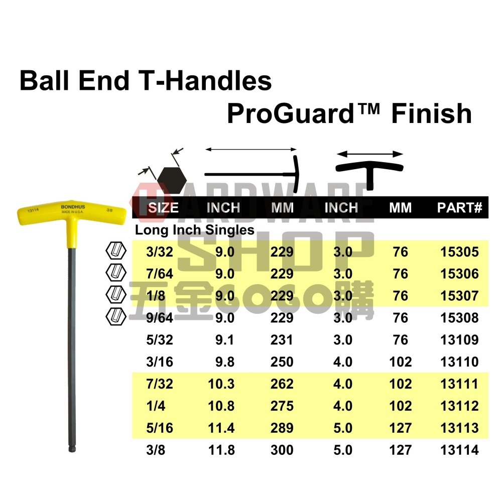 美國 BONDHUS 英制 13111 7/32 T型 超長 球型 六角板手 球頭 六角扳手-細節圖2