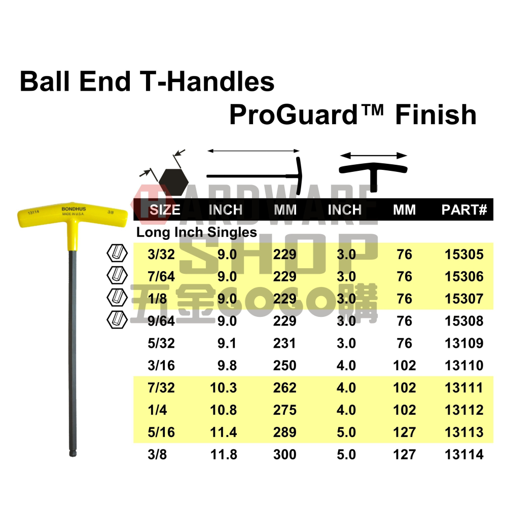 美國 BONDHUS 英制 15306 7/64 T型 超長 六角板手 六角扳手-細節圖2