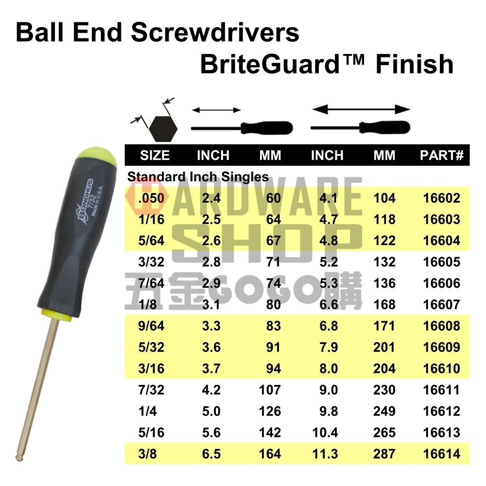 美國 BONDHUS 英制 16607 1/8 白金 六角起子 球型 六角板手 球頭 六角扳手-細節圖2