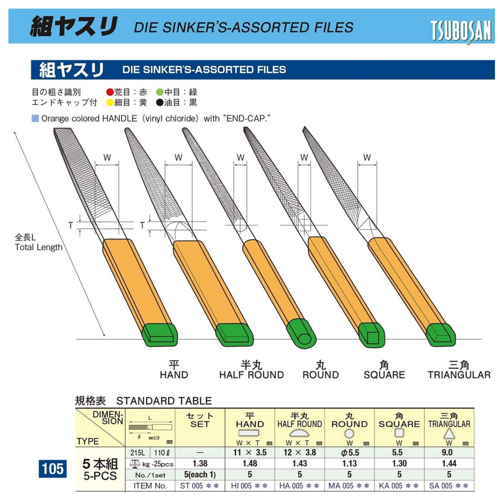 日本 TSUBOSAN 壺三 5支組 中目 半丸 K-052 膠柄 細工用 銼刀 組 剉刀 鐵工銼刀 K052-細節圖2