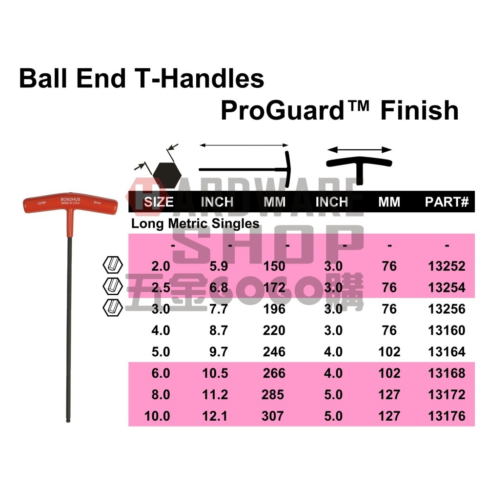 美國 BONDHUS 公制 6.0 mm 13168 T型 超長 球型 六角板手 球頭 六角扳手 6mm-細節圖2