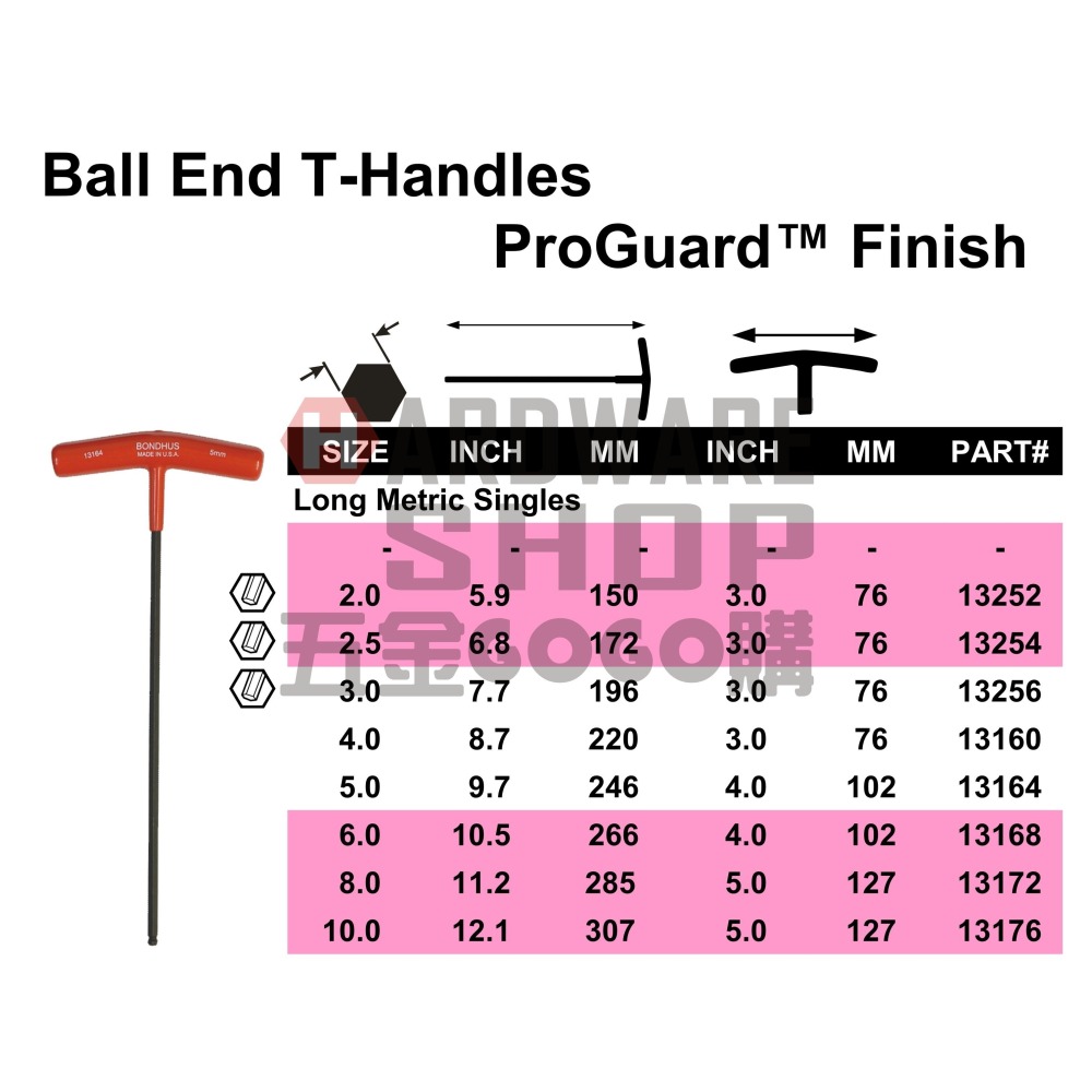 美國 BONDHUS 公制 13172 8.0 mm T型 超長 球型 六角板手 球頭 六角扳手 8mm-細節圖2