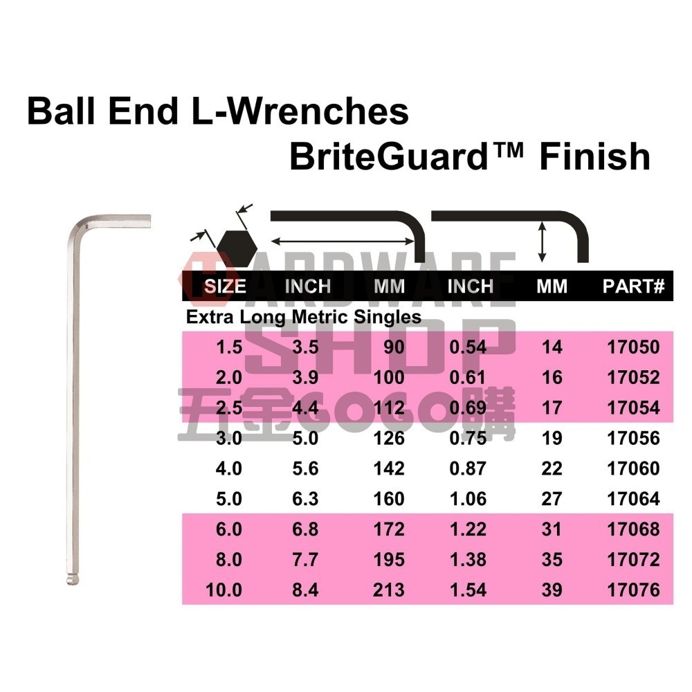 美國 BONDHUS 公制 9支組 17099 白金 球型 六角板手 球頭 六角扳手-細節圖2