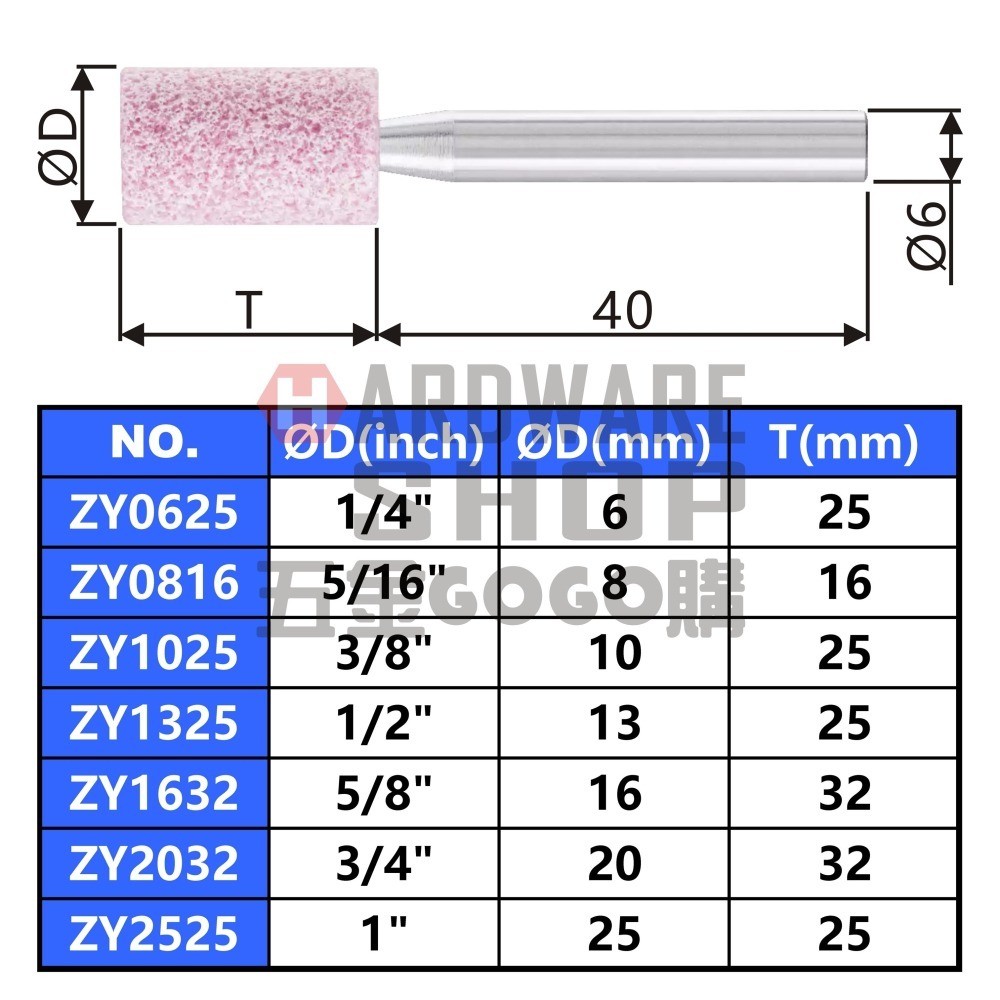德國 PFERD 馬牌 帶柄砂輪 ZY 1025 圓柱型 Ø10×25m/m 柄徑6m/m×40L ZY1025-細節圖2