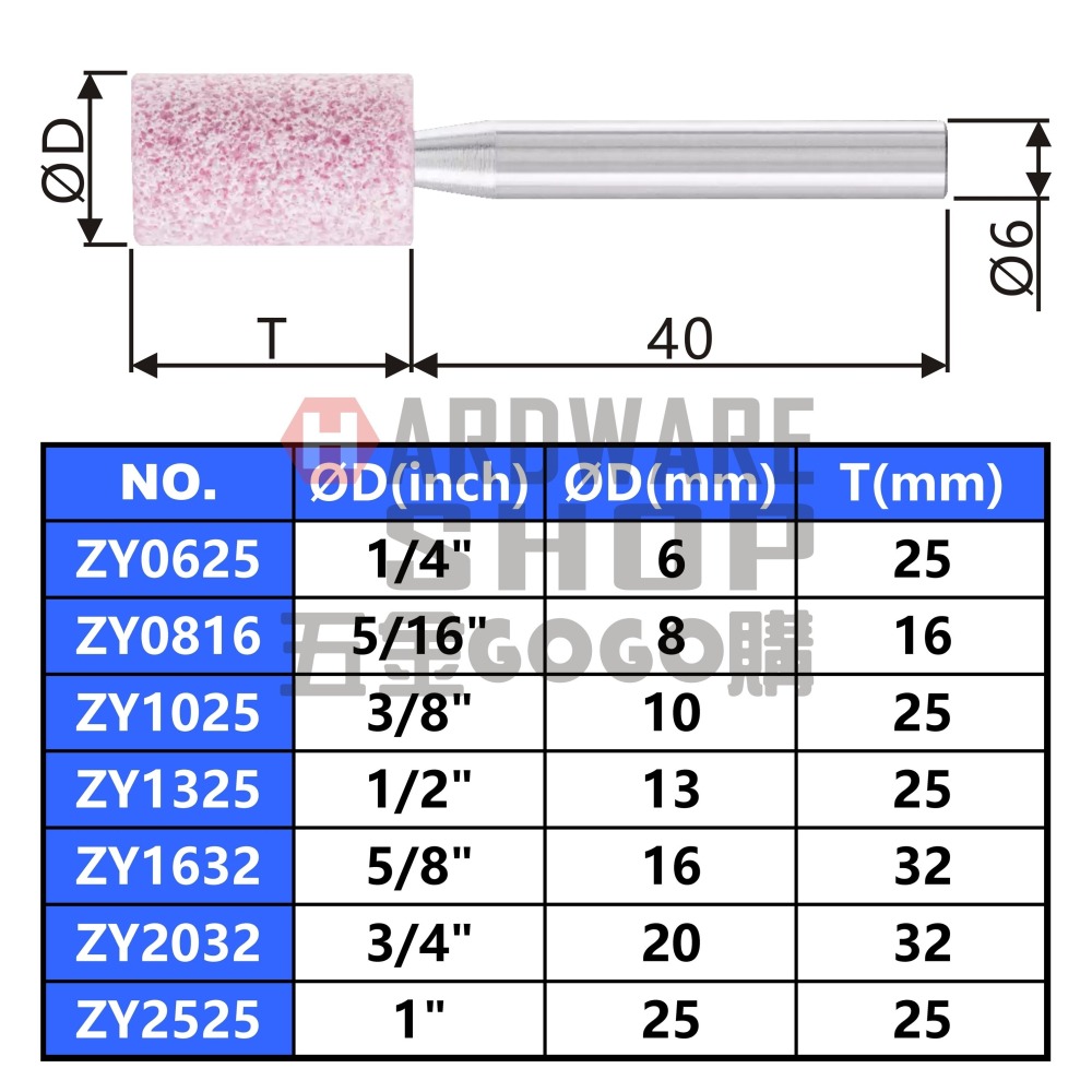 德國 PFERD 馬牌 帶柄砂輪 ZY 0625 圓柱型 Ø6×25m/m 柄徑6m/m×40L ZY0625-細節圖2