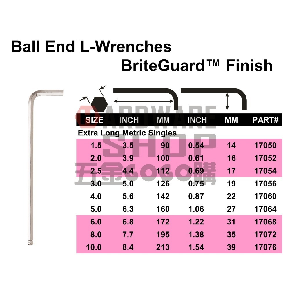 美國 BONDHUS 公制 7支組 17092 白金 球型 六角板手 球頭 六角扳手-細節圖2