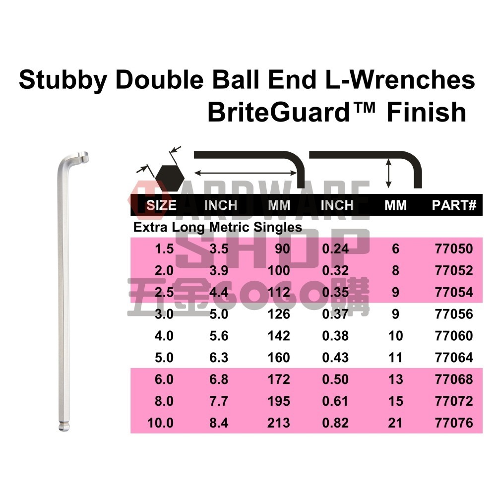 美國 BONDHUS 公制 9支組 77099 白金 雙頭 球型 六角板手 球頭 六角扳手-細節圖2