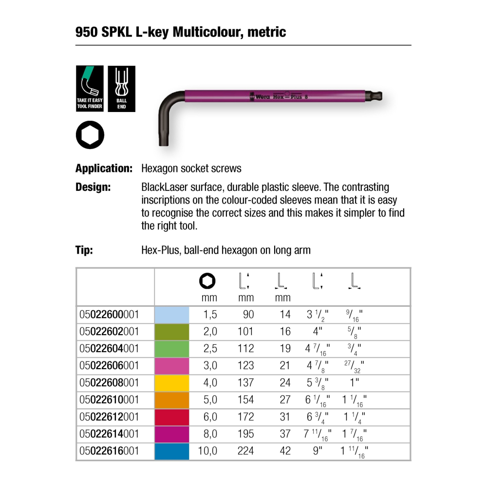 德國 WERA 950 SPKL/9 SM 073593 彩色 球型 六角 板手組 公制 9支組-細節圖2
