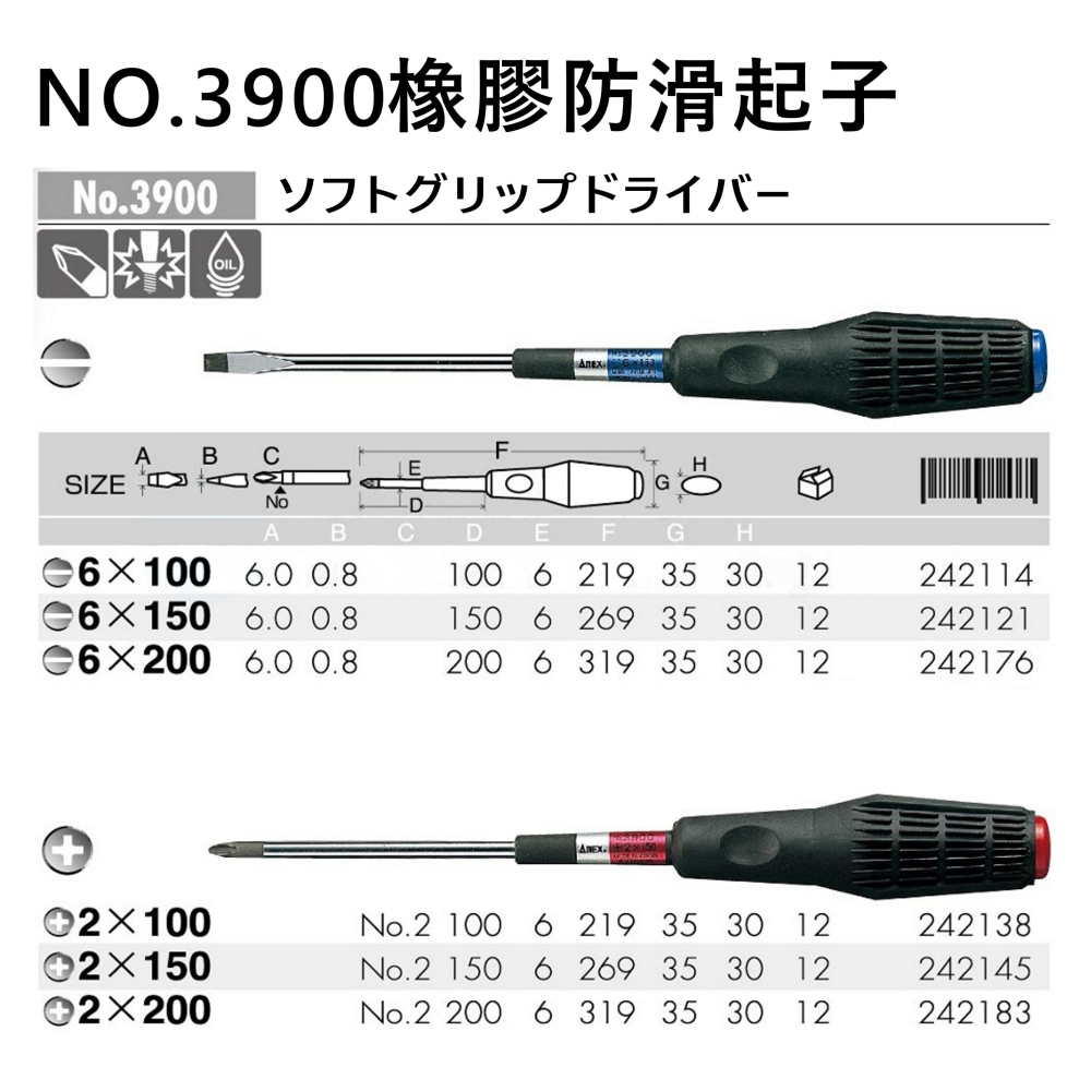 日本 ANEX 兼古製作所 No.3900 橡膠防滑 一字 起子 6.0 × 100 一字螺絲起子 6*100-細節圖2
