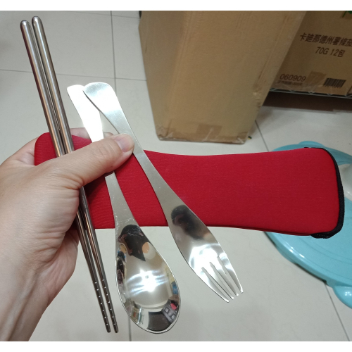 不鏽鋼 環保餐具組 餐具組（ 紅色/藍色） 附潛水布收納袋 (湯匙+筷子+叉子)