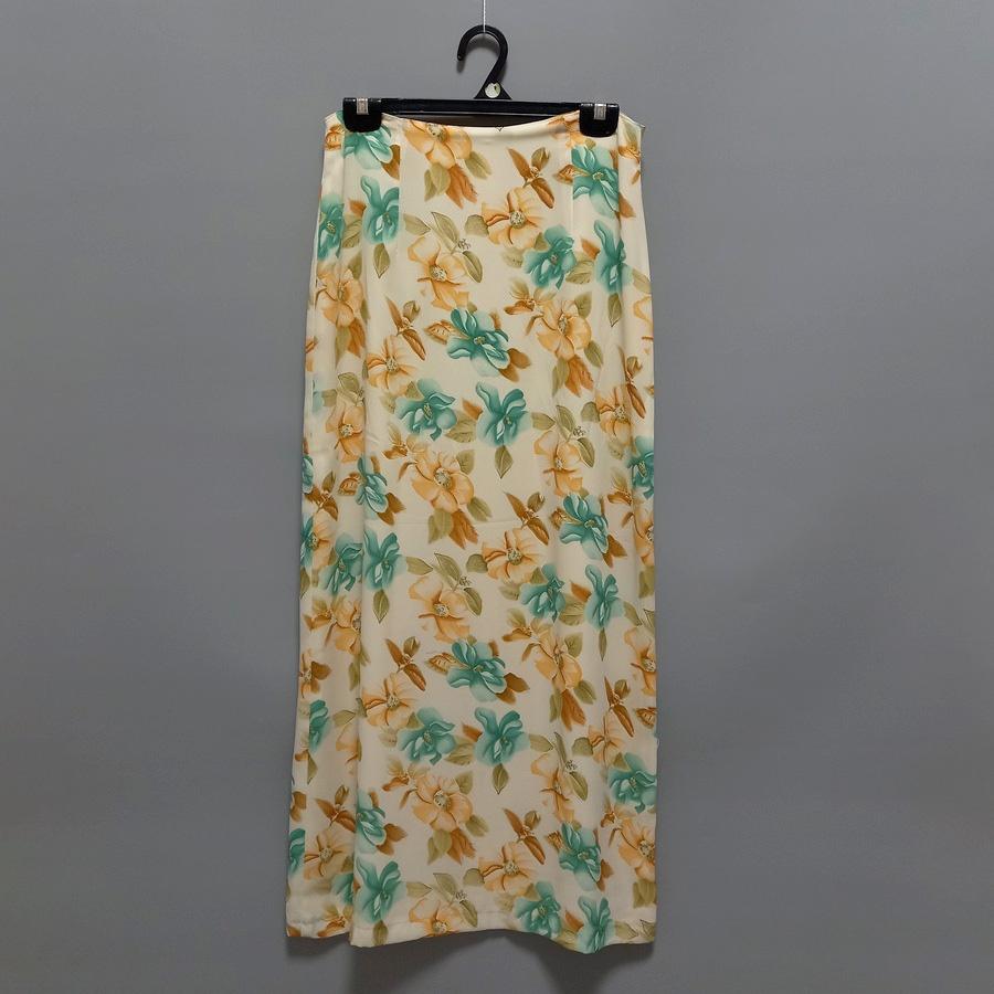 220902舊古著雙面穿淡黃色粉藍綠橘花白底紅花朵A字長裙二手-細節圖2