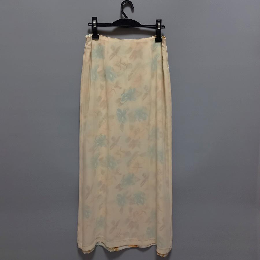 220902舊古著雙面穿淡黃色粉藍綠橘花白底紅花朵A字長裙二手-細節圖4