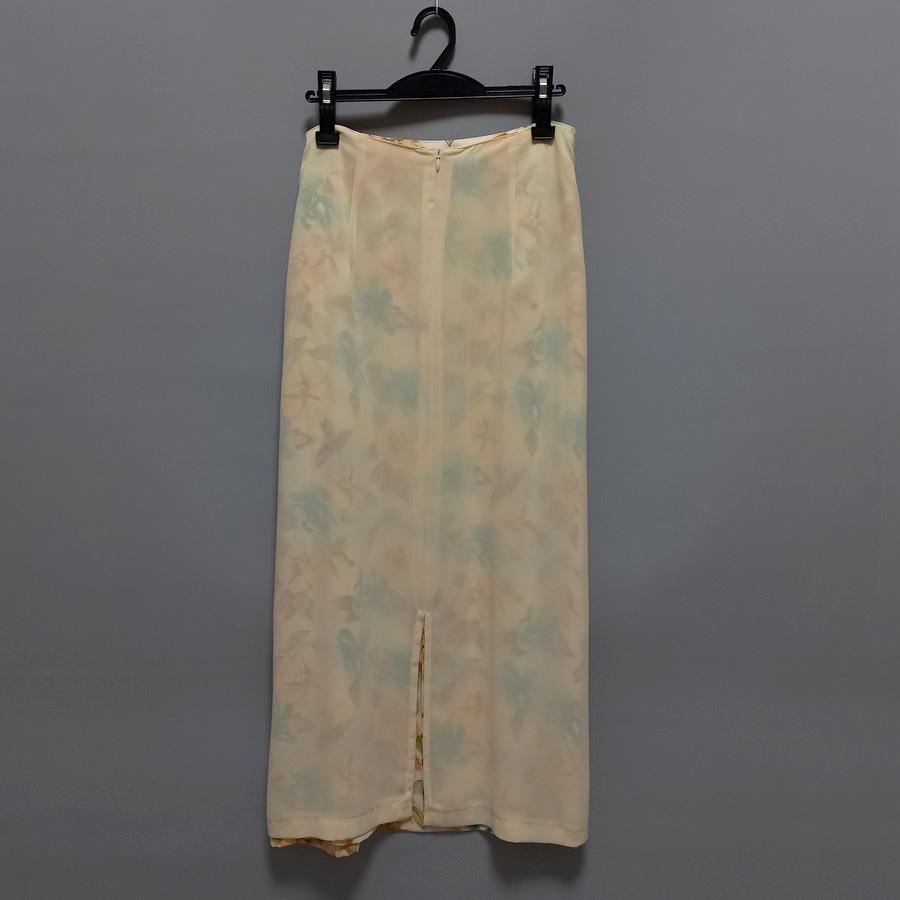 220902舊古著雙面穿淡黃色粉藍綠橘花白底紅花朵A字長裙二手-細節圖5